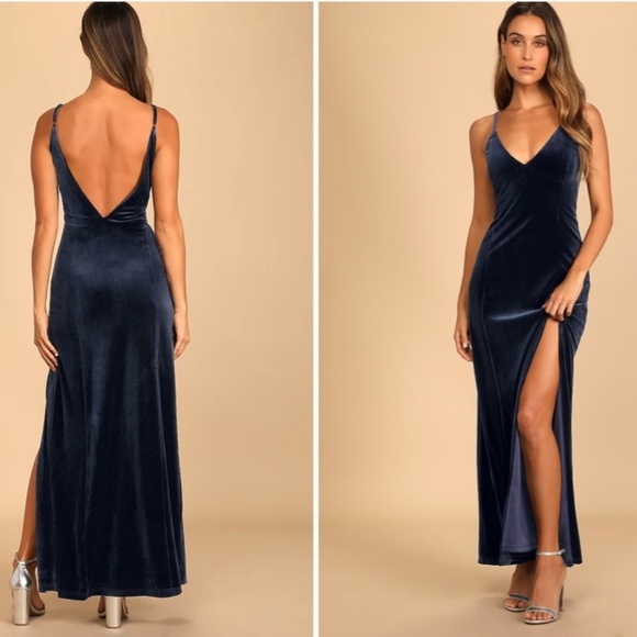 LULU's Prom Wedding Sexy Romantic Regal Elegant Blue Velvet Maxi Dress - Picture 3 of 6